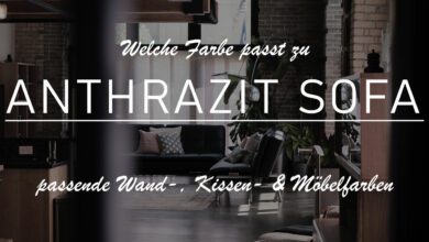 Titelbild mit der Aufschrift: Welche Farbe passt zu anthrazit Sofa? Im Hintergrund erkennt man eine offene Wohnküche im Industrial-Stil mit Backsteinwänden.